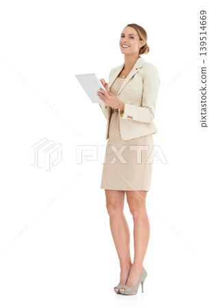 Business woman, tablet and portrait in studio for online planning, research and human resources management. Professional worker typing on digital technology, website or internet on a white background Business woman, tablet and portrait in studio for online planning, research and human resources management. Professional worker typing on digital technology, website or internet on a white background 139514669