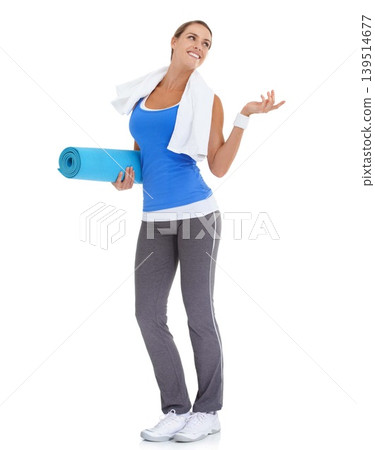 Yoga mat, hand and young woman in studio with mockup space for exercise or workout. Smile, equipment and happy female person with show gesture for fitness or sports isolated by white background. Yoga mat, hand and young woman in studio with mockup space for exercise or workout. Smile, equipment and happy female person with show gesture for fitness or sports isolated by white background. 139514677