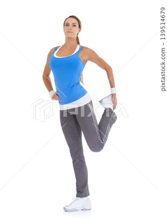 Fitness, portrait and woman stretching in studio for leg exercise, training or workout. Sports, health and young female person with muscle warm up for wellness activity isolated by white background. Fitness, portrait and woman stretching in studio for leg exercise, training or workout. Sports, health and young female person with muscle warm up for wellness activity isolated by white background. 139514679