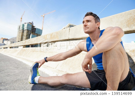 Man, stretching legs and runner in city, warm up for cardio workout and fitness outdoor. Athlete, sports and running in New York with health, wellness and ready for race or marathon on urban bridge Man, stretching legs and runner in city, warm up for cardio workout and fitness outdoor. Athlete, sports and running in New York with health, wellness and ready for race or marathon on urban bridge 139514699