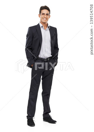 Businessman, suit and smile for portrait, confident and professional on white studio background. Man, young and ready for career, entrepreneur and employer for startup, mockup space and corporate Businessman, suit and smile for portrait, confident and professional on white studio background. Man, young and ready for career, entrepreneur and employer for startup, mockup space and corporate 139514708