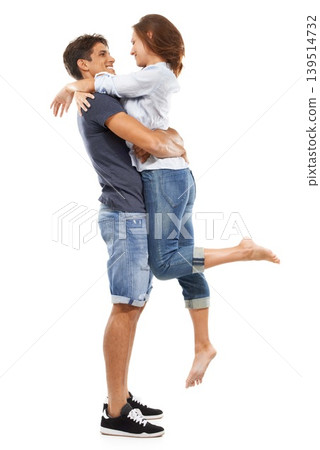 Happy couple, hug and lifting for love, care or support in relationship on a white studio background. Man and woman smile in joy for embrace, marriage or affection together in trust on mockup space Happy couple, hug and lifting for love, care or support in relationship on a white studio background. Man and woman smile in joy for embrace, marriage or affection together in trust on mockup space 139514732