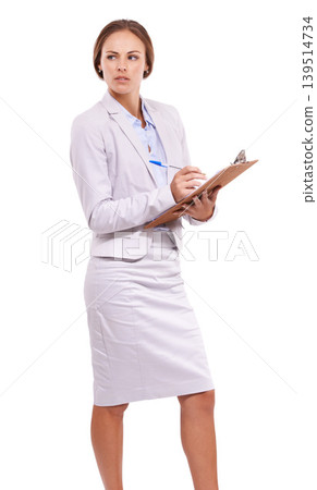 Studio, clipboard or woman thinking of survey checklist, information or report isolated on white background. Writing notes, inspector planning or manager in small business checking inventory schedule Studio, clipboard or woman thinking of survey checklist, information or report isolated on white background. Writing notes, inspector planning or manager in small business checking inventory schedule 139514734