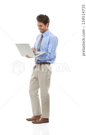 Laptop, smile and report with business man in studio isolated on white background for email communication. Search, technology and website with happy young employee typing on computer for research Laptop, smile and report with business man in studio isolated on white background for email communication. Search, technology and website with happy young employee typing on computer for research 139514735