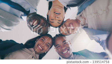 Business people, teamwork or portrait of faces in circle for collaboration, synergy or global equality from below. Corporate group, diversity or smile to support cooperation, integration or inclusion 139514758