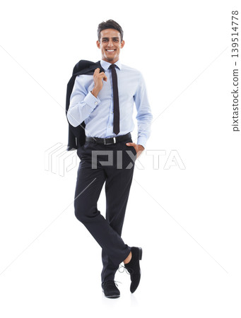 Happy businessman, portrait and suit for fashion, style or corporate attire against a white studio background. Man or employee smile for stylish business clothing, career or job opportunity on mockup Happy businessman, portrait and suit for fashion, style or corporate attire against a white studio background. Man or employee smile for stylish business clothing, career or job opportunity on mockup 139514778