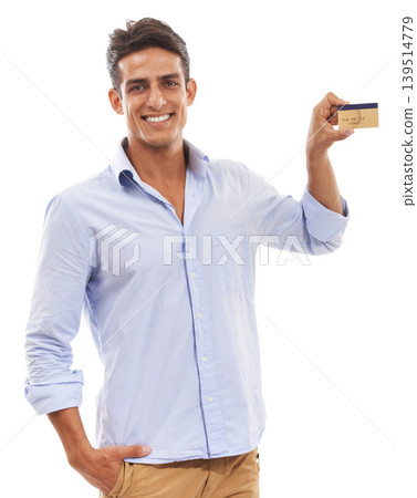 Portrait, man and credit card in studio for finance, payment and choice of shopping promotion, budget and retail sales on white background. Happy customer, financial investment and banking membership Portrait, man and credit card in studio for finance, payment and choice of shopping promotion, budget and retail sales on white background. Happy customer, financial investment and banking membership 139514779