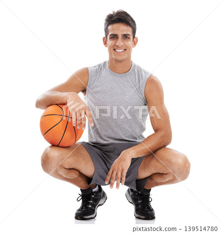 Man in portrait with basketball, sport and fitness in studio with muscle and competition on white background. Young athlete, training or workout for health and ready for game in sportswear with smile Man in portrait with basketball, sport and fitness in studio with muscle and competition on white background. Young athlete, training or workout for health and ready for game in sportswear with smile 139514780