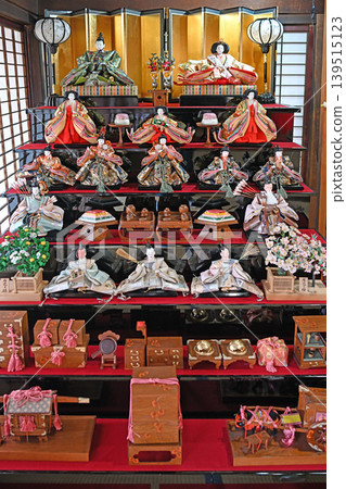 Tsuchiura's Hina Matsuri (Doll Festival): A seven-tiered display of magnificent Hina dolls and accessories, arranged in a serene and traditional space. Tsuchiura's Hina Matsuri (Doll Festival): A seven-tiered display of magnificent Hina dolls and accessories, arranged in a serene and traditional space. 139515123