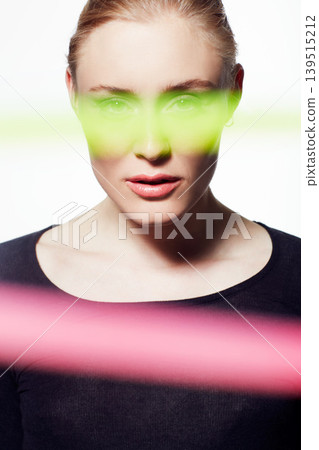 Woman, beauty and light streak with makeup, creativity and glow, skin and headshot isolated on white background. Art deco, neon color and shine with portrait, cosmetic or fashion with model in studio Woman, beauty and light streak with makeup, creativity and glow, skin and headshot isolated on white background. Art deco, neon color and shine with portrait, cosmetic or fashion with model in studio 139515212