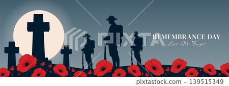 Remembrance day horizontal banner with soldiers silhouettes poppy field vector illustration. Remembrance day horizontal banner with soldiers silhouettes poppy field vector illustration. 139515349