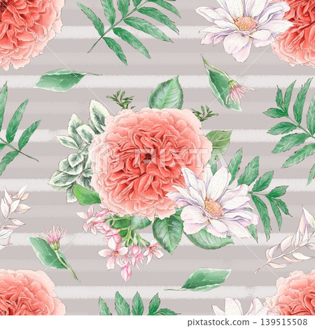 Watercolor illustration of a seamless pattern of delicate flowers and leaves, roses, and daisies. Hand-drawn. Watercolor illustration of a seamless pattern of delicate flowers and leaves, roses, and daisies. Hand-drawn. 139515508