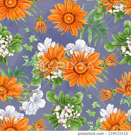 Watercolor illustration of a seamless pattern of delicate flowers and leaves, roses, and daisies. Hand-drawn. Watercolor illustration of a seamless pattern of delicate flowers and leaves, roses, and daisies. Hand-drawn. 139515510