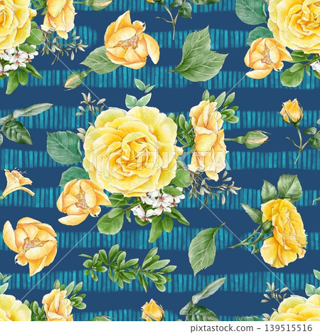 Watercolor illustration of a seamless pattern of delicate flowers and leaves, roses, and daisies. Hand-drawn. 139515516