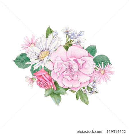 Watercolor illustration of a bouquet of delicate roses and other flowers, hand-drawn. Watercolor illustration of a bouquet of delicate roses and other flowers, hand-drawn. 139515522