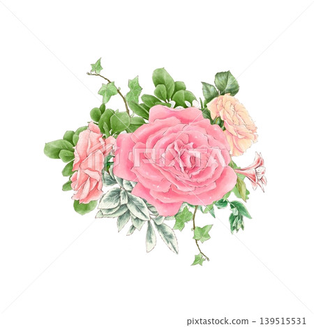 Watercolor illustration of a bouquet of delicate roses and other flowers, hand-drawn. Watercolor illustration of a bouquet of delicate roses and other flowers, hand-drawn. 139515531
