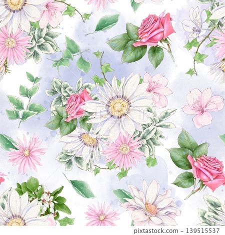 Watercolor illustration of a seamless pattern of delicate flowers and leaves, roses, and daisies. Hand-drawn. Watercolor illustration of a seamless pattern of delicate flowers and leaves, roses, and daisies. Hand-drawn. 139515537