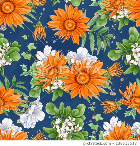 Watercolor illustration of a seamless pattern of delicate flowers and leaves, roses, and daisies. Hand-drawn. Watercolor illustration of a seamless pattern of delicate flowers and leaves, roses, and daisies. Hand-drawn. 139515538