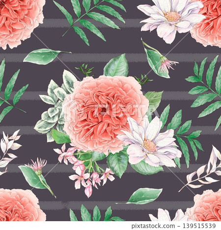 Watercolor illustration of a seamless pattern of delicate flowers and leaves, roses, and daisies. Hand-drawn. Watercolor illustration of a seamless pattern of delicate flowers and leaves, roses, and daisies. Hand-drawn. 139515539