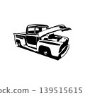 1956 Ford F100 pickup truck vector illustration design. Ready-to-use monochrome image design. Isolated side view with open engine trunk. Best for logos, badges, and emblems. 139515615