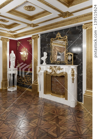 Ornate Luxury Palace Interior With Marble Fireplace, Gold Chandeliers and Classical Statues in Red Salon. 3d render 139515624
