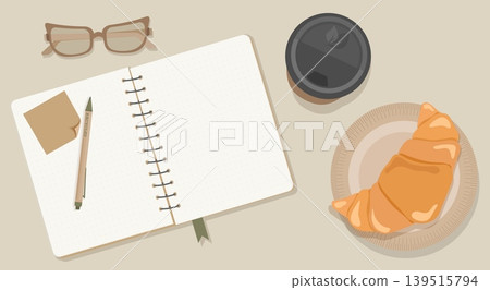 Minimalist Eco Workspace Flat Lay Vector Open Kraft Notebook with Realistic Sticky Note Wooden Glasses Coffee and Croissant for Lifestyle Branding Design 139515794