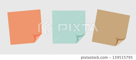 Minimalist Sticky Notes Set Vector Three Realistic Paper Memo Pads with Curled Corner in Muted Orange Mint and Kraft Tones for Office Planning and Design Minimalist Sticky Notes Set Vector Three Realistic Paper Memo Pads with Curled Corner in Muted Orange Mint and Kraft Tones for Office Planning and Design 139515795
