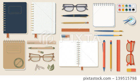 Ultimate Back to School Stationery Collection Vector Large Set of Notebooks Pens Glasses and Art Supplies in Classic Kraft and Modern Styles for Design Ultimate Back to School Stationery Collection Vector Large Set of Notebooks Pens Glasses and Art Supplies in Classic Kraft and Modern Styles for Design 139515798