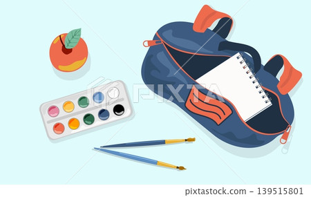 Minimalist Open School Backpack Vector Top View with Spiral Notebook Inside Art Supplies Watercolor Paints and Red Apple on Desk Education Flat Lay 139515801