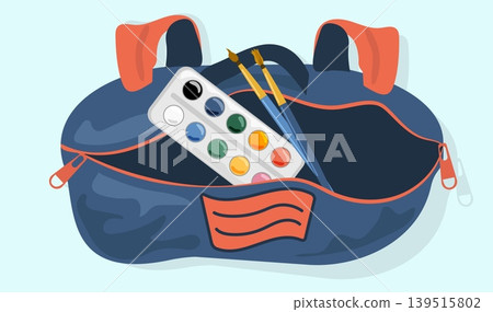 Minimalist Open School Backpack Vector Top View with Watercolor Paints and Brushes Inside Modern Rucksack for Art Education and Back to School Design Minimalist Open School Backpack Vector Top View with Watercolor Paints and Brushes Inside Modern Rucksack for Art Education and Back to School Design 139515802