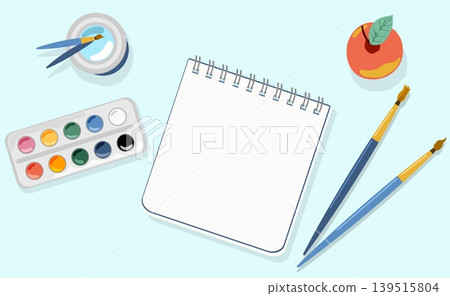 Back to School Art Set Vector Watercolor Paints Brushes and Red Apple on Desk Minimalist Open Notebook Flat Lay for Elementary Education and Creativity 139515804
