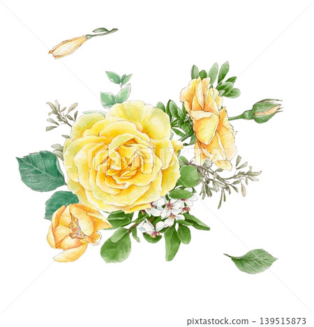 Watercolor illustration of a bouquet of delicate roses and other flowers, hand-drawn. Watercolor illustration of a bouquet of delicate roses and other flowers, hand-drawn. 139515873