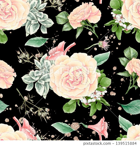 Watercolor illustration of a seamless pattern of delicate flowers and leaves, roses, and daisies. Hand-drawn. 139515884
