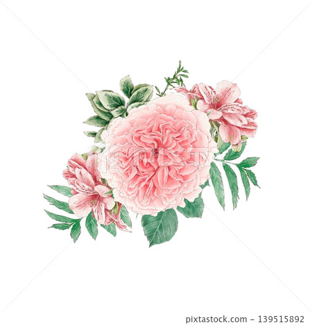 Watercolor illustration of a bouquet of delicate roses and other flowers, hand-drawn. Watercolor illustration of a bouquet of delicate roses and other flowers, hand-drawn. 139515892