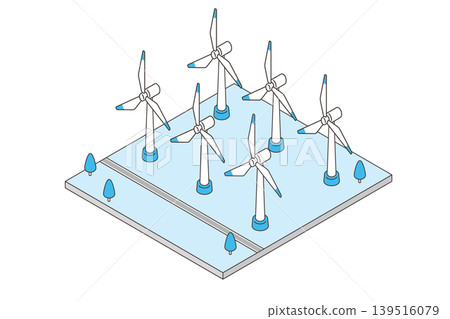 風力發電廠的青色等距插圖；再生能源影像。 139516079