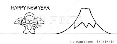 [Line drawing] New Year's card material: Simple monkey and Mt. Fuji 139516212