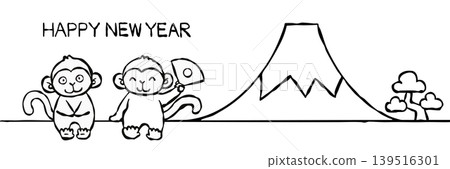 [Line drawing] New Year's card material: Simple monkey and Mt. Fuji 139516301
