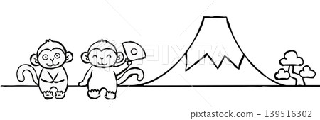 [Line drawing] New Year's card material: Simple monkey and Mt. Fuji 139516302
