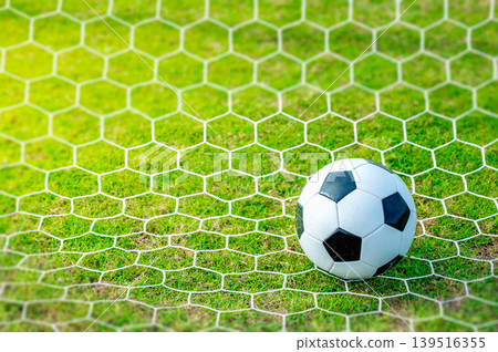 Soccer Ball in Goal, Winning Concept, Green Football Pitch Background Soccer Ball in Goal, Winning Concept, Green Football Pitch Background 139516355
