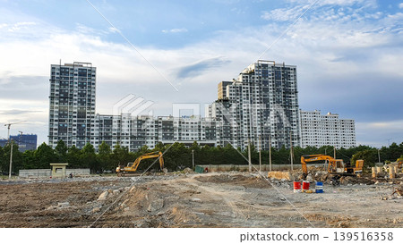Exterior View Of A Residential Apartment With Construction Site. Exterior View Of A Residential Apartment With Construction Site. 139516358