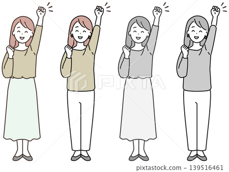 擺出勝利姿勢的女性（彩色和黑白照片） 139516461