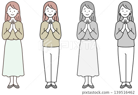 雙手合十祈禱的女子;新年參拜神社;彩色及黑白照片。 雙手合十祈禱的女子;新年參拜神社;彩色及黑白照片。 139516462