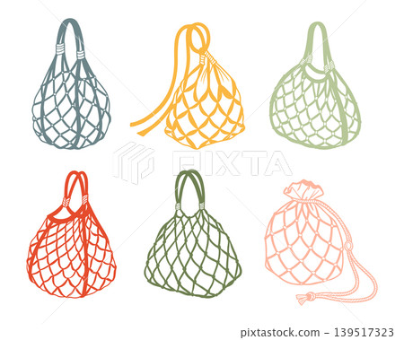 Reusable Mesh Shopping Bags collection. Set of hand drawn string bags. Illustration. 139517323