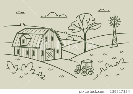 Farm landscape with barn, windmill, traktor and fields. Illustration. 139517324