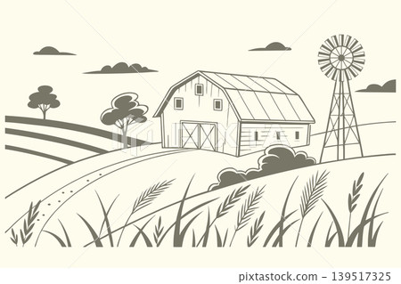 Farm landscape with barn, windmill and wheat fields. Illustration. Farm landscape with barn, windmill and wheat fields. Illustration. 139517325