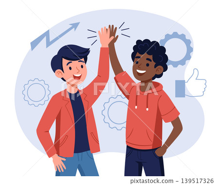 Two young men giving high five gesture. Teamwork concept. Illustration. Two young men giving high five gesture. Teamwork concept. Illustration. 139517326