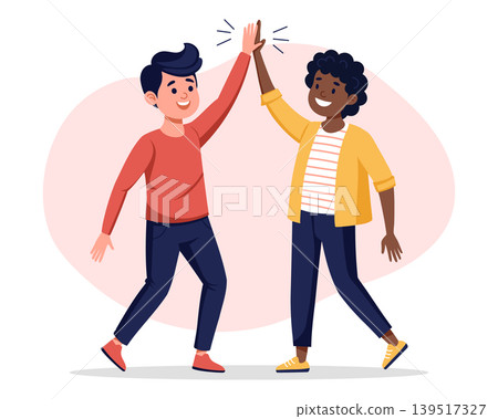 Two young friends giving high five gesture. Illustration. Two young friends giving high five gesture. Illustration. 139517327