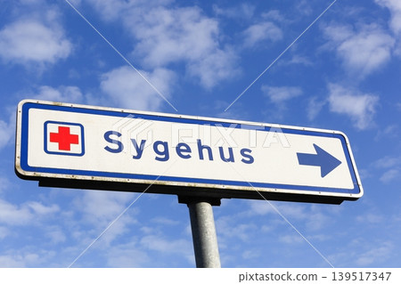Hospital road sign in Denmark called sygehus in Danish language Hospital road sign in Denmark called sygehus in Danish language 139517347
