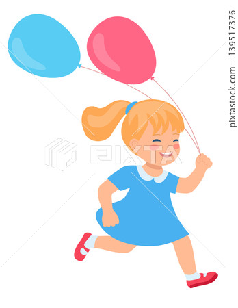 Little Cheerful Girl Running with Balloons in her Hand Little Cheerful Girl Running with Balloons in her Hand 139517376