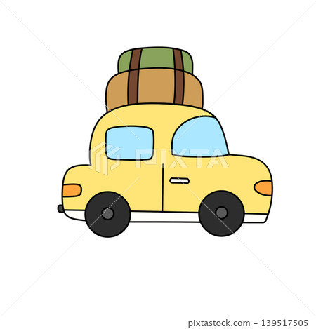 Yellow car carries stacked luggage atop roof Yellow car carries stacked luggage atop roof 139517505